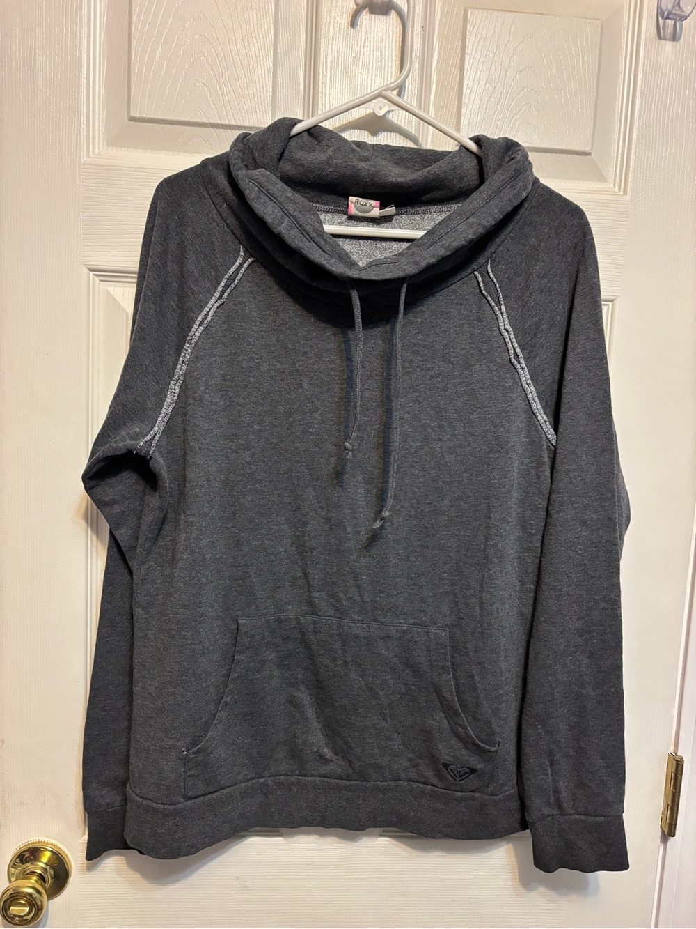 Vintage Y2K Roxy Cowl Funnel Neck Hoodie Gray Red Heart Logo Skate Surf - Large